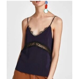 Zara Tank Top Womens Medium Blue Lace Trim V Neck Cami Coquette